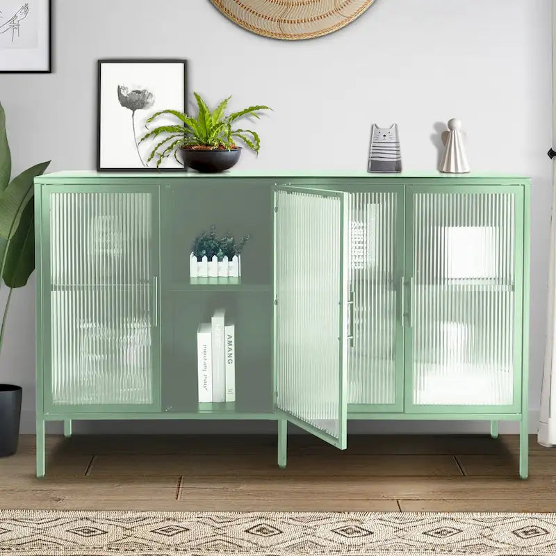 Vitrine en verre trempé à 4 portes avec étagère réglable et pieds, anti-basculement, sans poussière, buffet de cuisine en verre cannelé