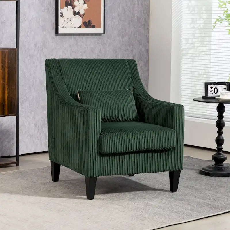 Fauteuil rembourré Emerald 26.77 avec accoudoirs incurvés et pieds en bois d'hévéa