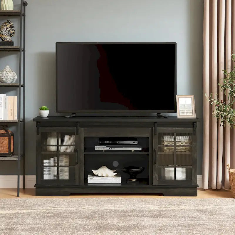 Meuble TV Multifonctionnel avec Portes Coulissantes, Grand Meuble de Rangement avec 2 Portes Coulissantes en Verre Trempé Cannelé, TV jusqu'à 65 pouces