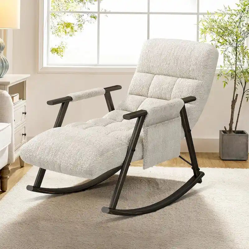 Fauteuil à bascule classique moderne rembourré en tissu avec poche de rangement