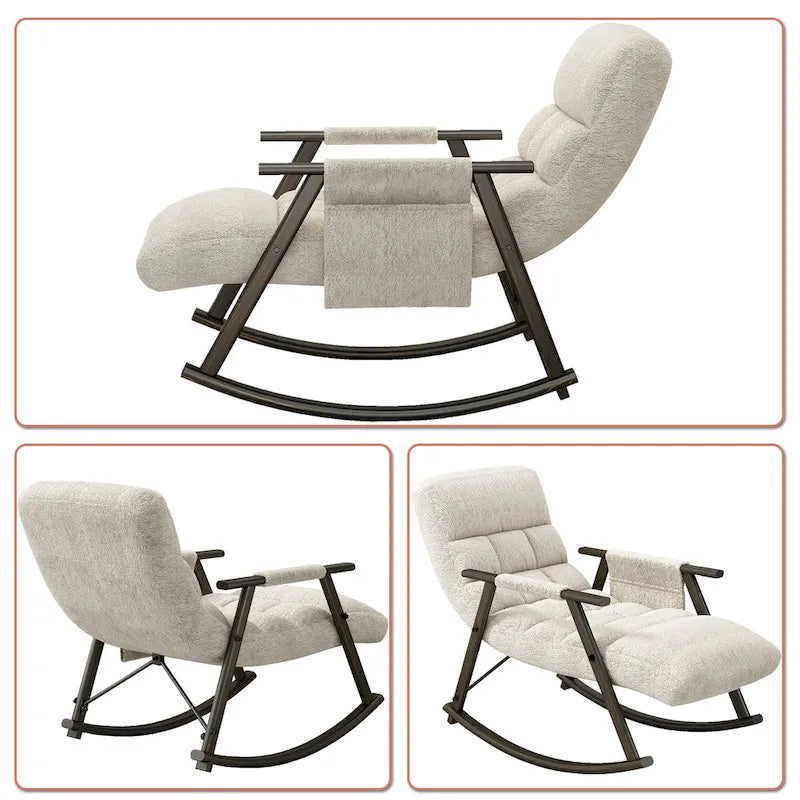 Fauteuil à bascule classique moderne rembourré en tissu avec poche de rangement