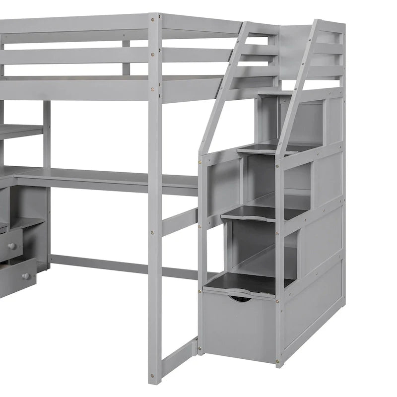 Lit mezzanine Full avec bureau et étagères, deux tiroirs intégrés, escalier de rangement