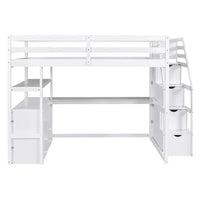 Lit mezzanine Full avec bureau et étagères, deux tiroirs intégrés, escalier de rangement