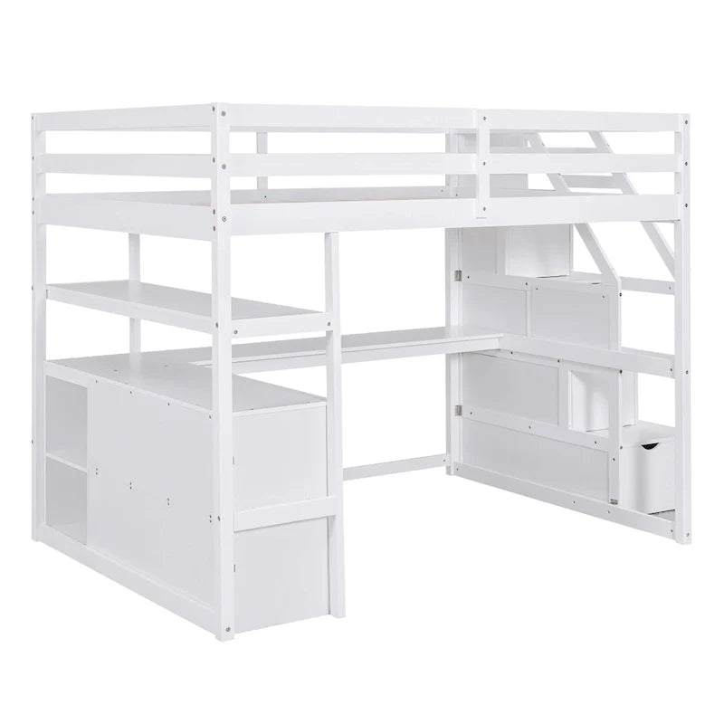 Lit mezzanine Full avec bureau et étagères, deux tiroirs intégrés, escalier de rangement