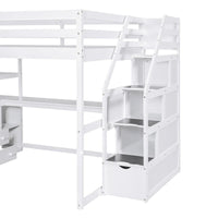 Lit mezzanine Full avec bureau et étagères, deux tiroirs intégrés, escalier de rangement