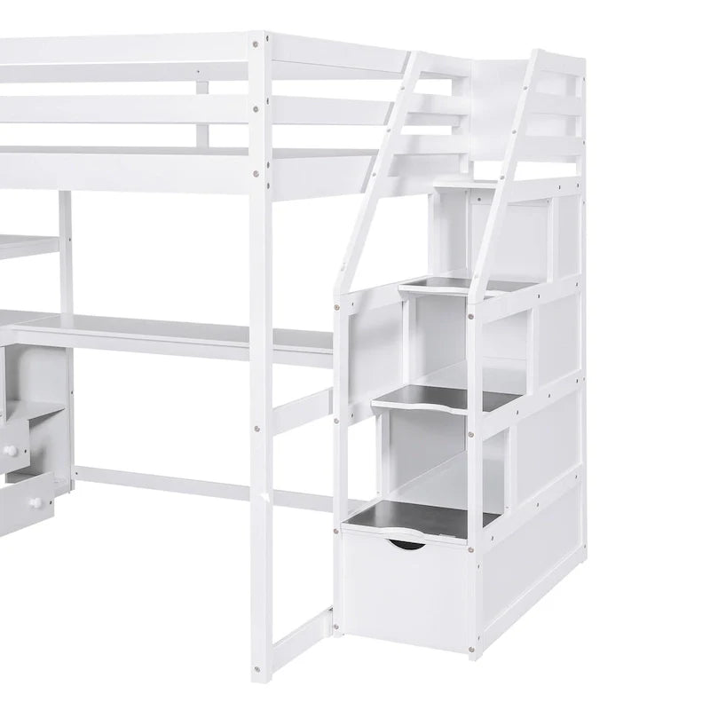 Lit mezzanine Full avec bureau et étagères, deux tiroirs intégrés, escalier de rangement