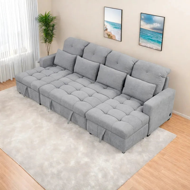 Canapé sectionnel convertible en U surdimensionné en chenille 110 po avec couchage escamotable, doubles méridiennes de rangement et 2 ports USB