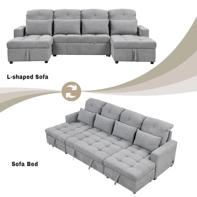 Canapé sectionnel convertible en U surdimensionné en chenille 110 po avec couchage escamotable, doubles méridiennes de rangement et 2 ports USB