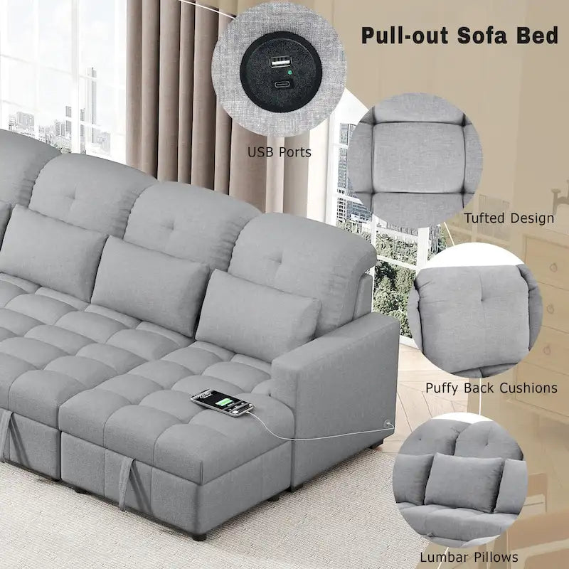 Canapé sectionnel convertible en U surdimensionné en chenille 110 po avec couchage escamotable, doubles méridiennes de rangement et 2 ports USB