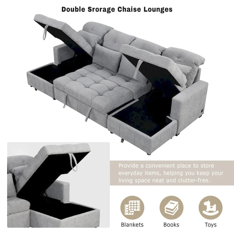 Canapé sectionnel convertible en U surdimensionné en chenille 110 po avec couchage escamotable, doubles méridiennes de rangement et 2 ports USB