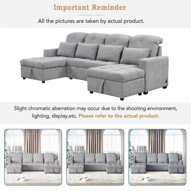 Canapé sectionnel convertible en U surdimensionné en chenille 110 po avec couchage escamotable, doubles méridiennes de rangement et 2 ports USB