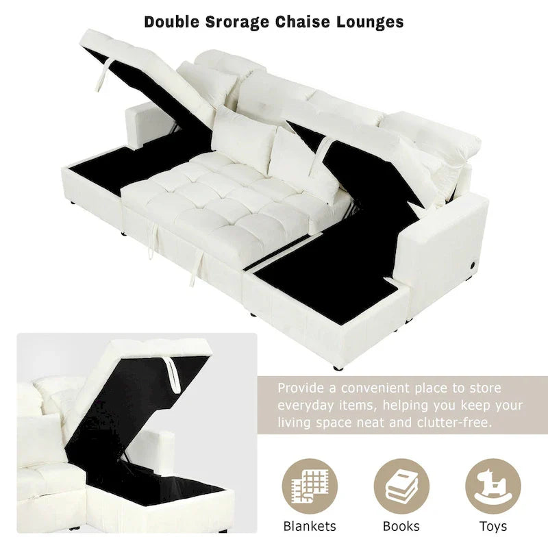 Canapé sectionnel convertible en U surdimensionné en chenille 110 po avec couchage escamotable, doubles méridiennes de rangement et 2 ports USB