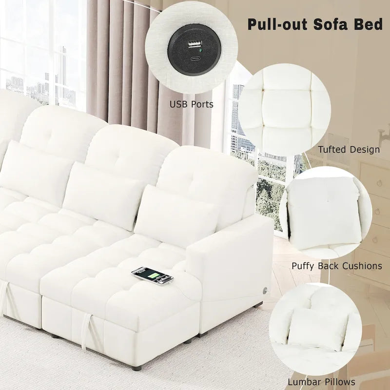 Canapé sectionnel convertible en U surdimensionné en chenille 110 po avec couchage escamotable, doubles méridiennes de rangement et 2 ports USB