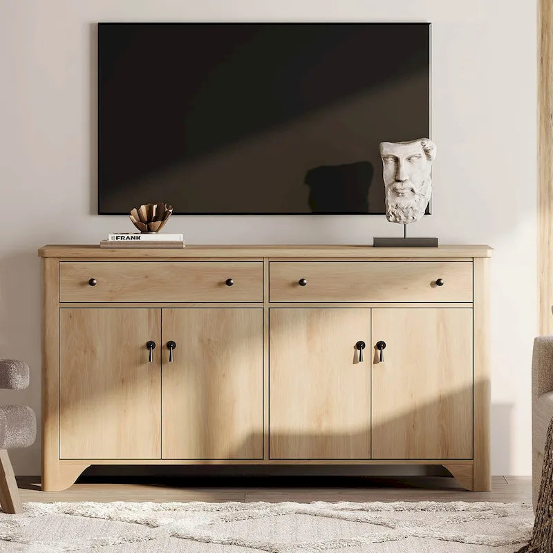 Meuble TV de ferme WAMPAT 59 po pour téléviseur de 65 po, centre de divertissement en bois avec 2 tiroirs et armoires de rangement, étagères réglables