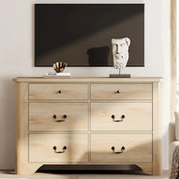 Meuble TV commode style ferme WAMPAT avec 6 tiroirs pour TV jusqu'à 55 pouces, meuble multimédia en bois avec rangement