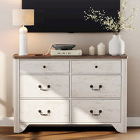 Meuble TV commode style ferme WAMPAT avec 6 tiroirs pour TV jusqu'à 55 pouces, meuble multimédia en bois avec rangement