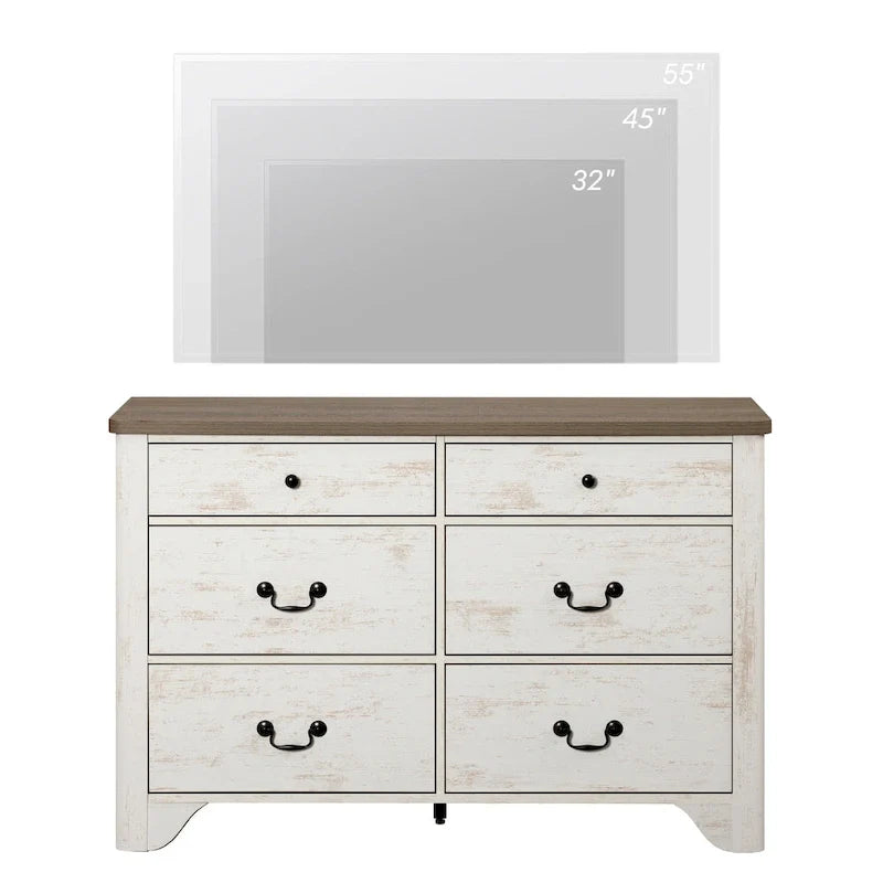 Meuble TV commode style ferme WAMPAT avec 6 tiroirs pour TV jusqu'à 55 pouces, meuble multimédia en bois avec rangement