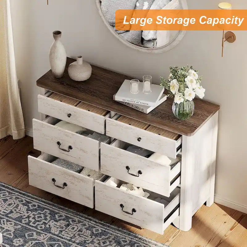 Meuble TV commode style ferme WAMPAT avec 6 tiroirs pour TV jusqu'à 55 pouces, meuble multimédia en bois avec rangement