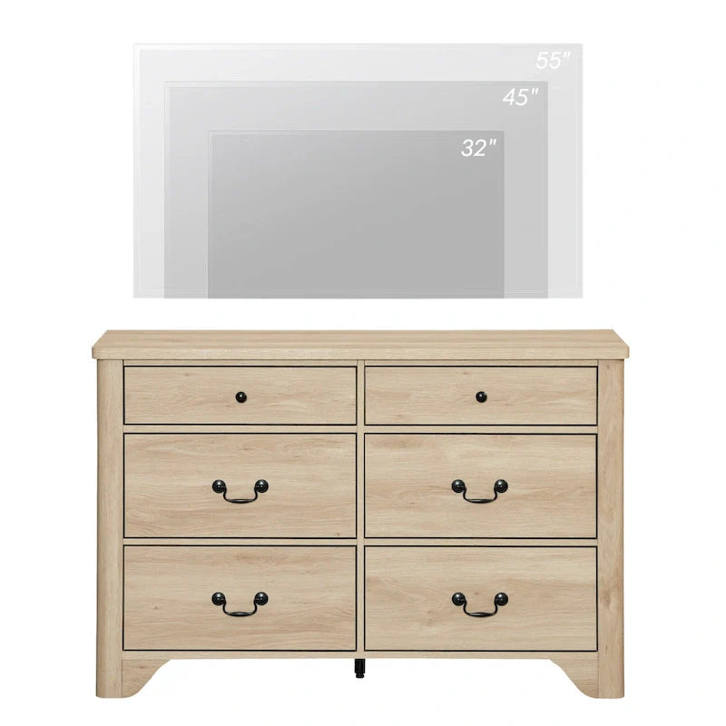 Meuble TV commode style ferme WAMPAT avec 6 tiroirs pour TV jusqu'à 55 pouces, meuble multimédia en bois avec rangement
