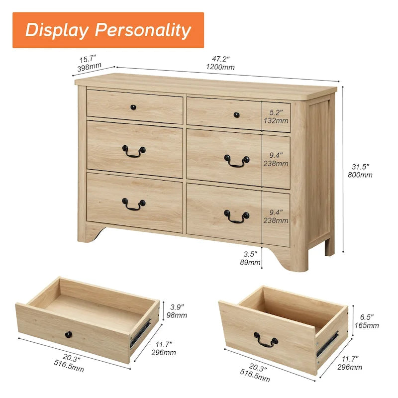 Meuble TV commode style ferme WAMPAT avec 6 tiroirs pour TV jusqu'à 55 pouces, meuble multimédia en bois avec rangement