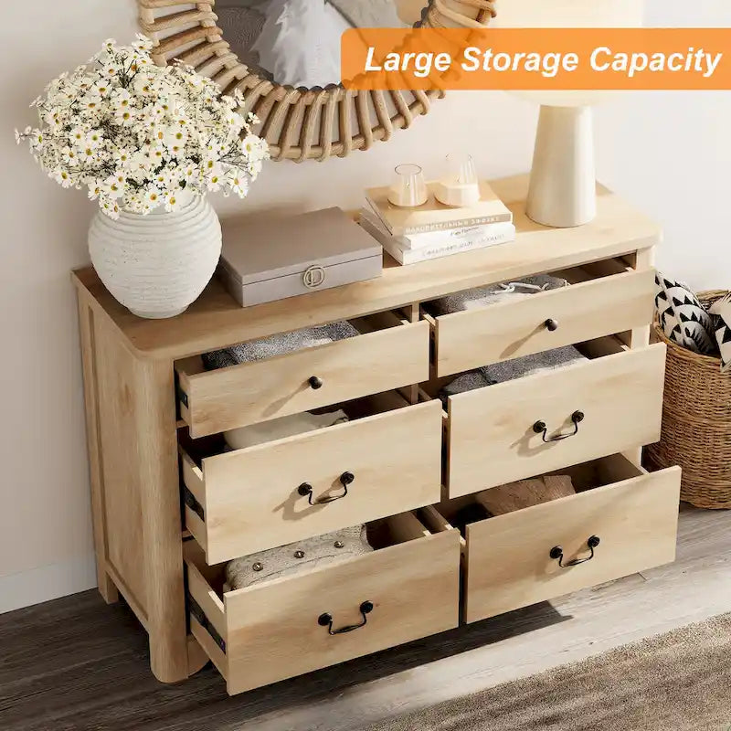 Meuble TV commode style ferme WAMPAT avec 6 tiroirs pour TV jusqu'à 55 pouces, meuble multimédia en bois avec rangement