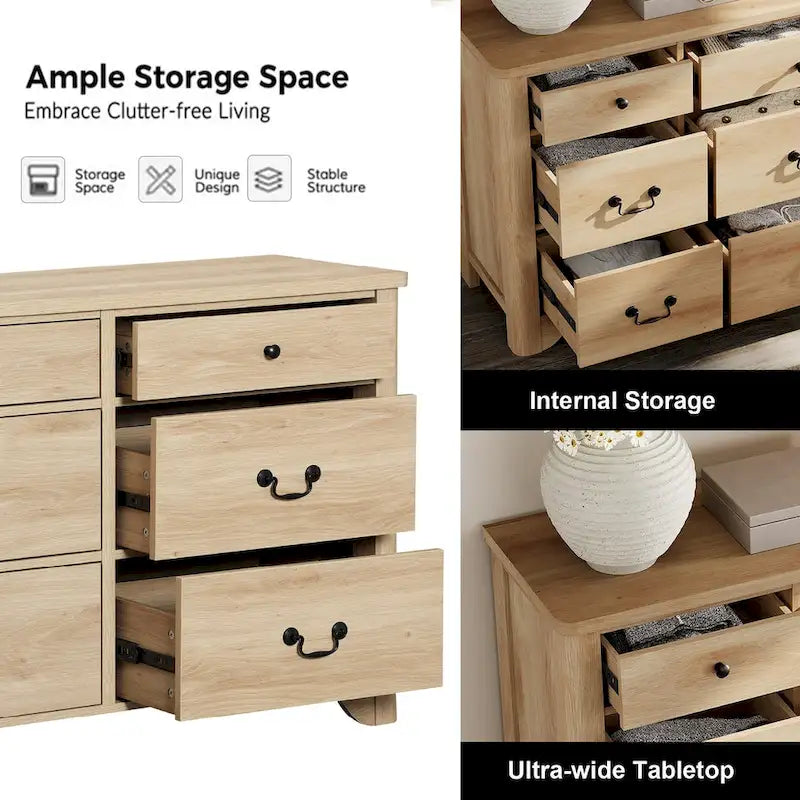 Meuble TV commode style ferme WAMPAT avec 6 tiroirs pour TV jusqu'à 55 pouces, meuble multimédia en bois avec rangement