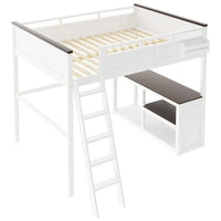 Lit mezzanine taille Queen avec bureau intégré et boîte de rangement, cadre de lit mezzanine en bois avec étagère ouverte et station de charge USB