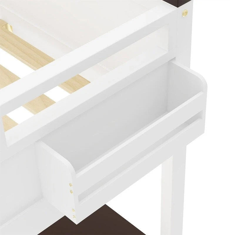 Lit mezzanine taille Queen avec bureau intégré et boîte de rangement, cadre de lit mezzanine en bois avec étagère ouverte et station de charge USB