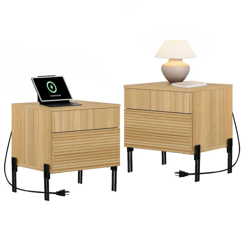 WAMPAT table de chevet cannelée avec station de recharge, table d'appoint moderne avec 2 tiroirs