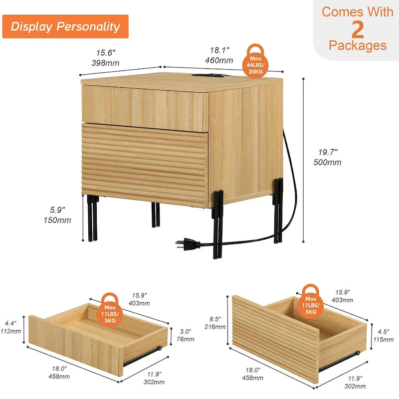 WAMPAT table de chevet cannelée avec station de recharge, table d'appoint moderne avec 2 tiroirs