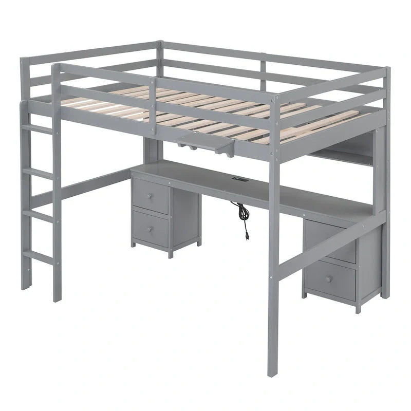 Lit mezzanine en bois Full avec bureau, armoires, tiroirs, station de charge
