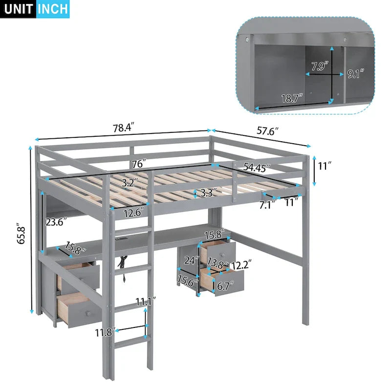 Lit mezzanine en bois Full avec bureau, armoires, tiroirs, station de charge