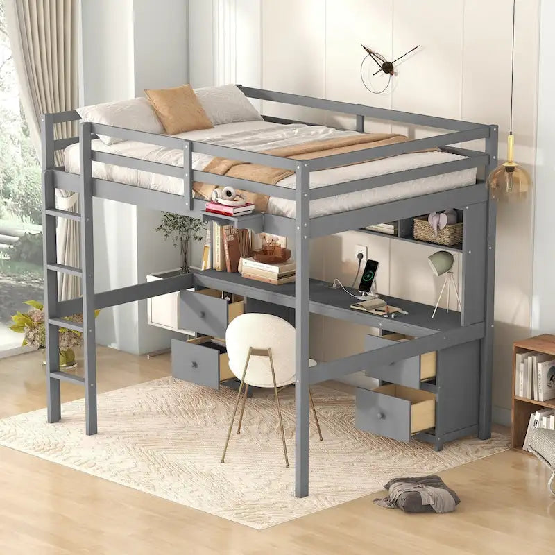 Lit mezzanine en bois Full avec bureau, armoires, tiroirs, station de charge