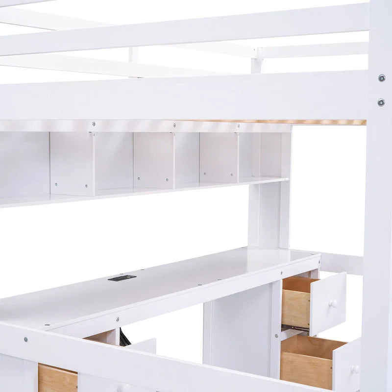 Lit mezzanine en bois Full avec bureau, armoires, tiroirs, station de charge