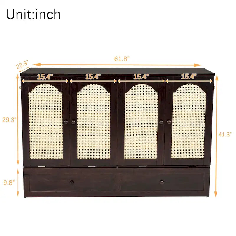 Lit escamotable Murphy en pin pliable, lit-armoire Queen, lit-armoire cube avec station d'alimentation, tiroir et panneau décoratif en rotin