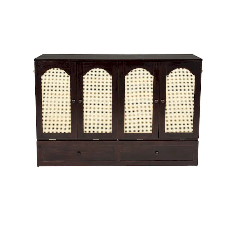 Lit escamotable Murphy en pin pliable, lit-armoire Queen, lit-armoire cube avec station d'alimentation, tiroir et panneau décoratif en rotin