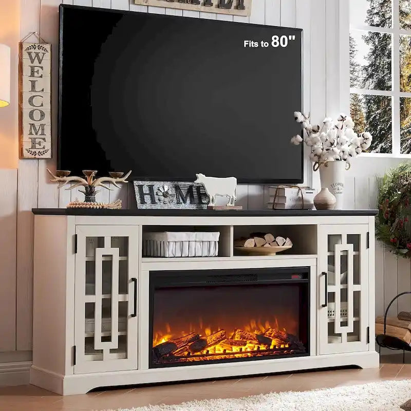 Meuble TV cheminée style ferme pour TV 80 pouces, meuble multimédia