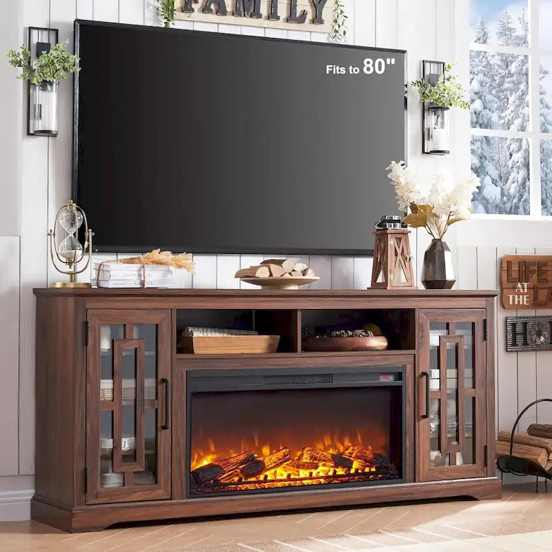 Meuble TV cheminée style ferme pour TV 80 pouces, meuble multimédia