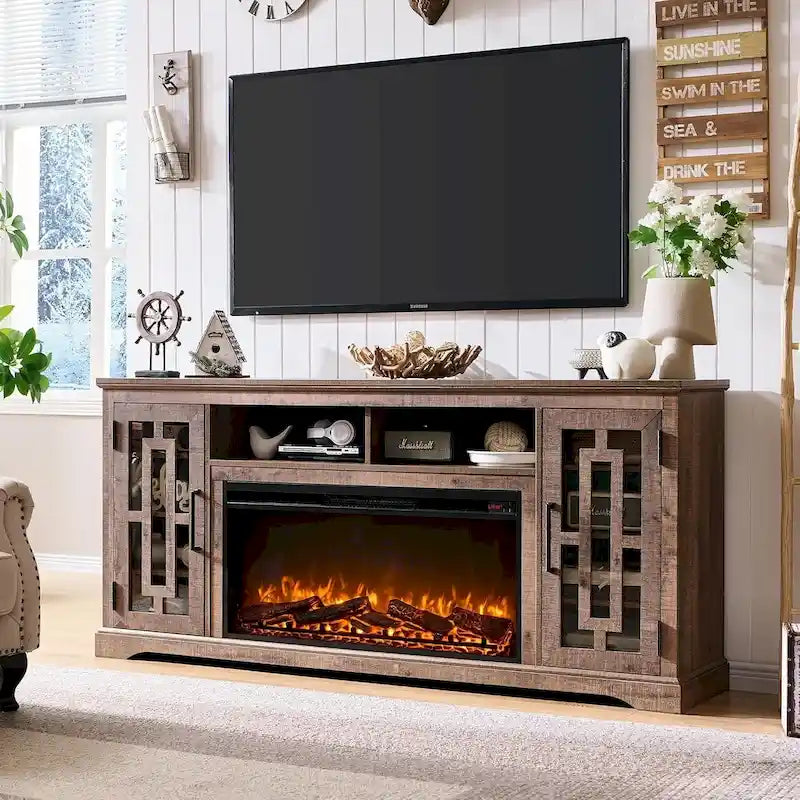Meuble TV cheminée style ferme pour TV 80 pouces, meuble multimédia
