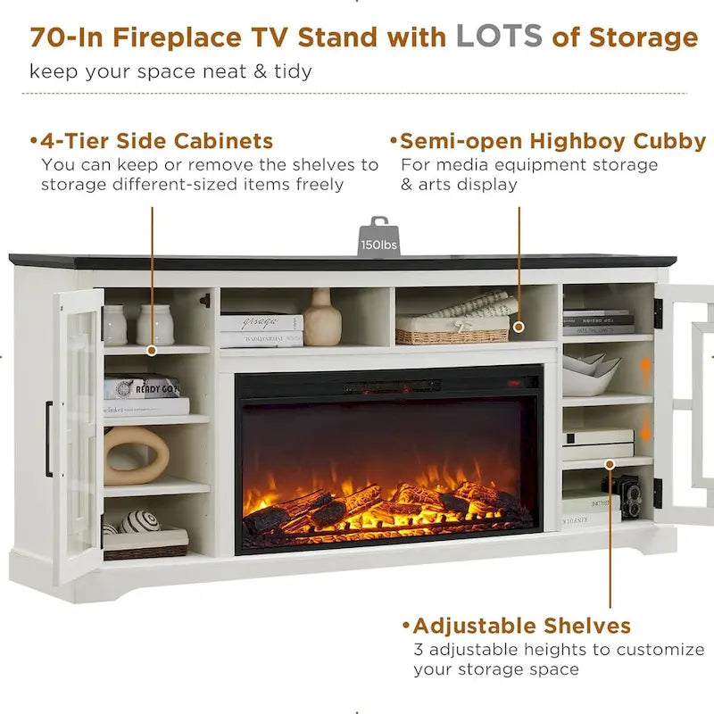 Meuble TV cheminée style ferme pour TV 80 pouces, meuble multimédia