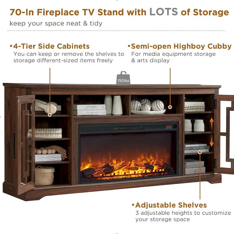 Meuble TV cheminée style ferme pour TV 80 pouces, meuble multimédia