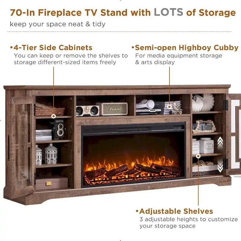 Meuble TV cheminée style ferme pour TV 80 pouces, meuble multimédia