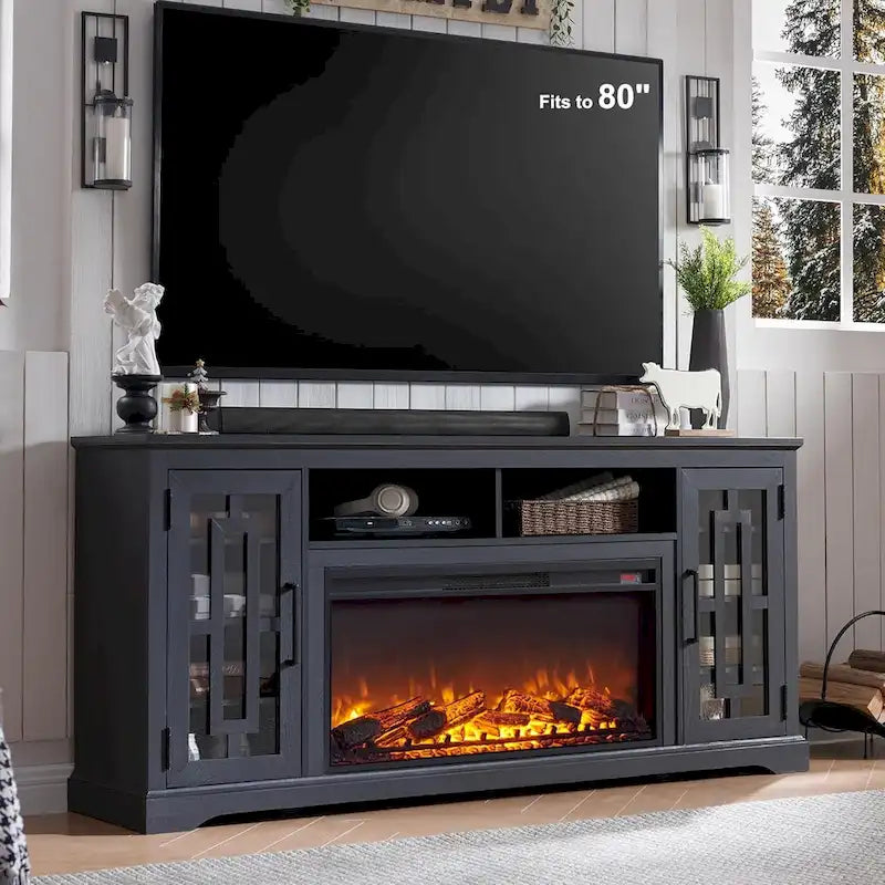 Meuble TV cheminée style ferme pour TV 80 pouces, meuble multimédia