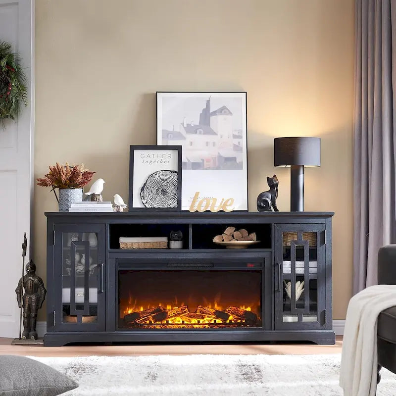 Meuble TV cheminée style ferme pour TV 80 pouces, meuble multimédia