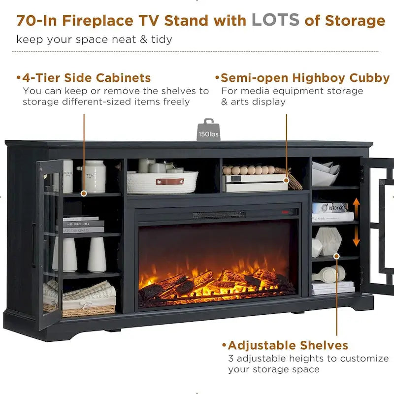 Meuble TV cheminée style ferme pour TV 80 pouces, meuble multimédia