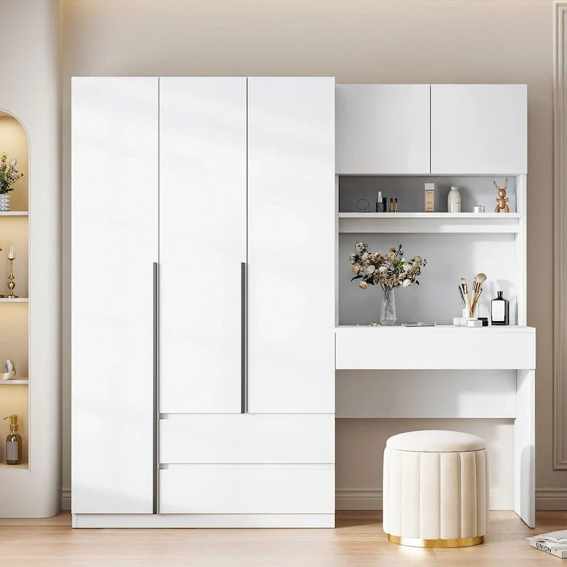 Garde-robe penderie 3 en 1 avec coiffeuse, ensemble bureau, armoire de chambre avec 2 tiroirs, penderie de rangement bureau à 3 portes