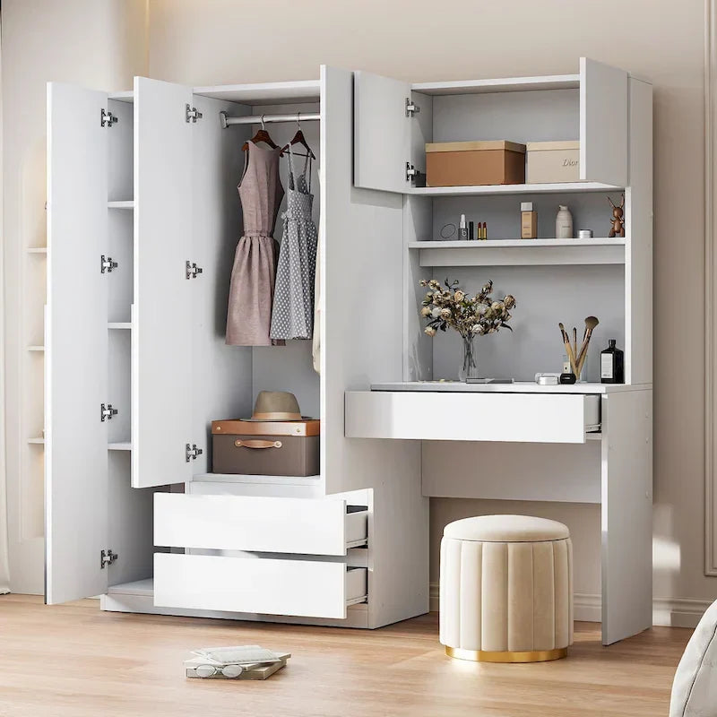 Garde-robe penderie 3 en 1 avec coiffeuse, ensemble bureau, armoire de chambre avec 2 tiroirs, penderie de rangement bureau à 3 portes