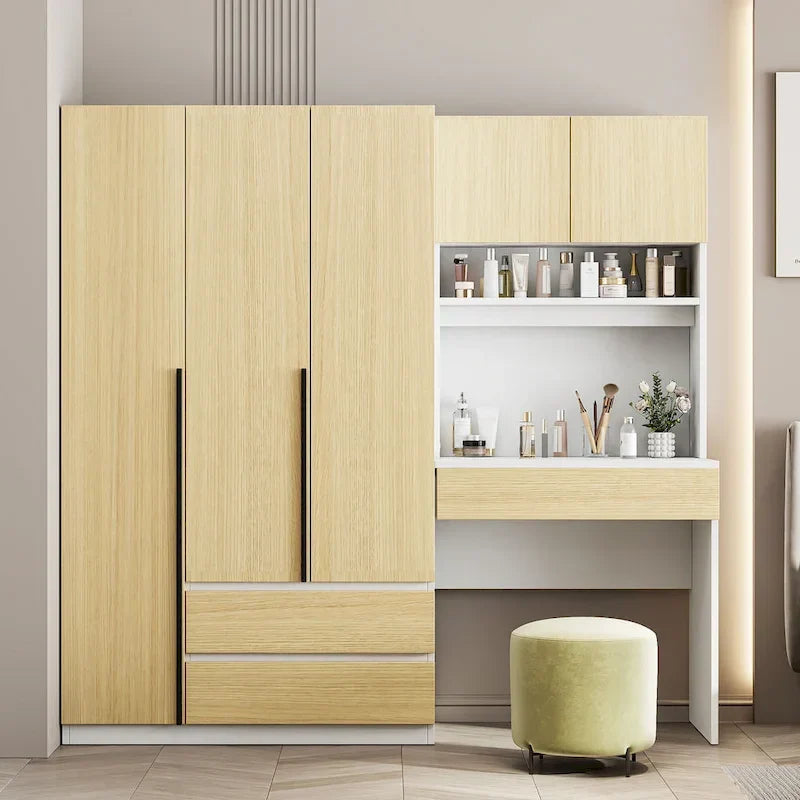 Garde-robe penderie 3 en 1 avec coiffeuse, ensemble bureau, armoire de chambre avec 2 tiroirs, penderie de rangement bureau à 3 portes