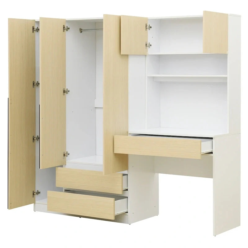Garde-robe penderie 3 en 1 avec coiffeuse, ensemble bureau, armoire de chambre avec 2 tiroirs, penderie de rangement bureau à 3 portes