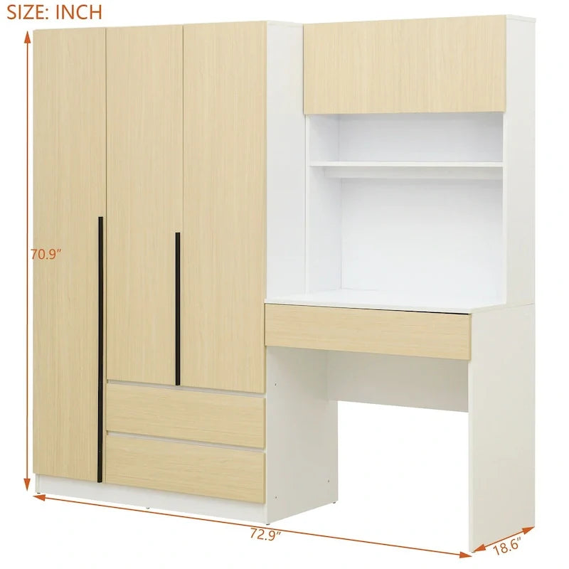 Garde-robe penderie 3 en 1 avec coiffeuse, ensemble bureau, armoire de chambre avec 2 tiroirs, penderie de rangement bureau à 3 portes